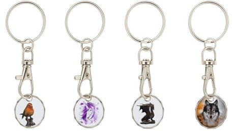 Pack of 4 Trolley Token Keyrings – £1 Coin Compatible – Robin, Unicorn, Dragon & Wolf Designs – Supermarket Shopping Trolley Coin Keychains – Metal Token with Clip – Gift for Animal Lovers