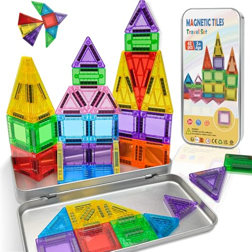 katietoy Magnetische Bausteine Mini Reiseset Magnetbausteine mit Zinn Dose | 42PCS Spielzeug ab 3+Jahre Junge Mädchen,Magnet Fliesen Reisespiele Kinder ab 4 5 6 7,Weihnachtszeit Geburtstag Geschenk