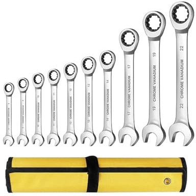 WAFOHSR Set di Chiavi Combinate A Cricchetto da 6-22 Mm, Kit di Utensili Manuali Metrici, Chiavi for Riparazione Auto, Chiavi Inglesi con Sacchetti in Tessuto Arrotolato Ampia Applicazione(10 PCS)