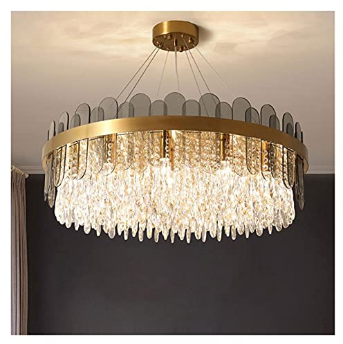 WGFJKI Lámpara de araña, lámpara de araña Moderna para Sala de Estar, Luces Colgantes de Cristal K9 de Lujo, Redondas, Doradas, de Metal, Gris, lámpara Colgante, Cable, lámpara suspendida LED (luz