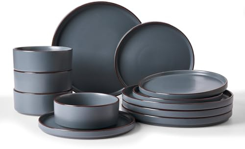 Richmount Halo Plates and Bowls Set, 12 Pieces Dinner Set for 4, Stoneware Dinnerware Sets with Dinner Plates/Salad Plate/Cereal Bowls, Dishwasher & Microwave Safe, Charcoal Grey