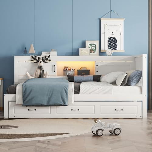 Hmdpoo Cama Nido Individual con Almacenamiento, 90x200cm, Tablero de Partículas y MDF, Blanco, con Iluminación LED, Puerto USB, Cama Extensible, Sin Colchón