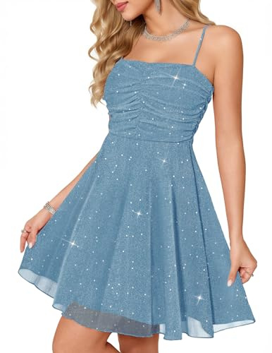 Meetjen Women's Sparkly Cocktail Dress A Line Ruched Tulle Sequin Short Prom Dresses for Teens 2026 Summer Party