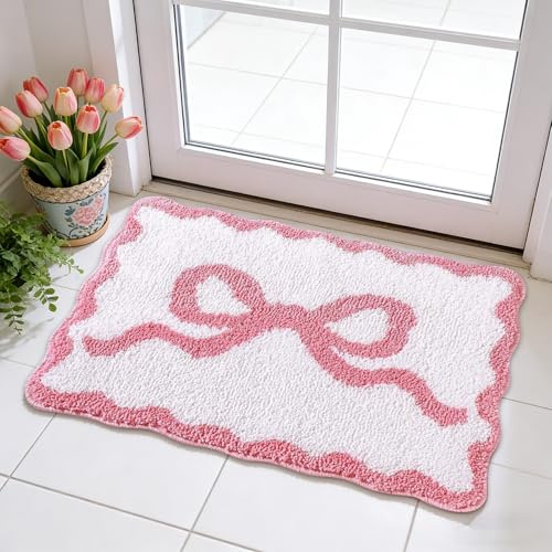 Kaezuy Badezimmerteppich Schleife,Weiß Badematte,rutschfest Waschbar Duschvorleger, Absorbierend Spaßig Badvorleger, Badteppich Für Badezimmer Schlafzimmer Küche Eingang,40x60cm (Rosa)