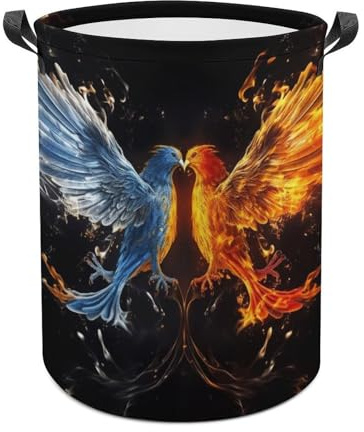 Bird Fire And Water Laundry Hamper with Handles, Foldable Large Capacity Laundry Baskets 44x35cm for Bathroom, Freestanding Clothes Hampers for Laundry Room, Storage Bin for Bedroom
