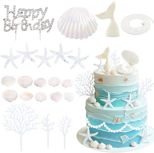 ZWLIYCHN Meerjungfrau Tortendeko Geburtstag 22 Stück, Meer Kuchendeko mit Muscheln, Perle, Seegras, Seestern Deko, Happy Birthday Cake Topper für DIY Handwerk, Geburtstag, Hochzeit, Strand Partydeko