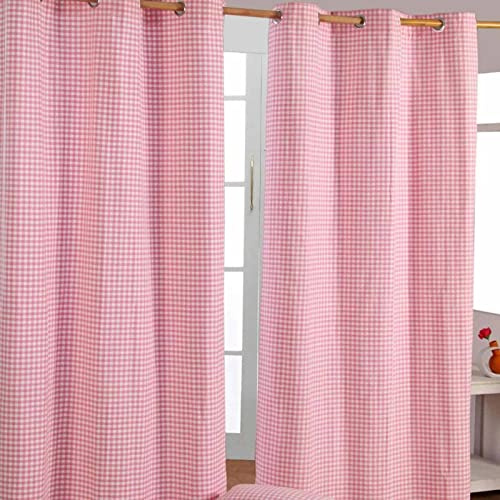 Homescapes handgewobener Vorhang Ösenvorhang Dekoschal Gingham im 2er Set, 117 x 137 cm, 100% Reine Baumwolle, rosa weiß kariert