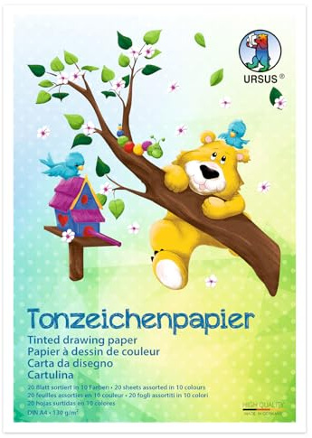 Ursus 2134699 - Tonzeichenpapier A4, 20 Blatt in 10 sortierten Farben, 130 g/m², Papier zum Malen, Falten und Basteln, für Schule, Kindergarten und DIY-Projekte
