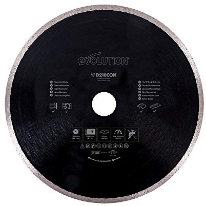 Evolution Power Tools D210CON Diamond Blade Continuous Rim For Mitre Saws, For Cutting Reinforced Concrete, Stone, Brick, Tile, Porcelain & More, 25.4mm Bore, 210mm, Black