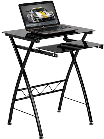 Flash Furniture Scrivania per Computer con cassetto Estraibile per Tastiera Vassoio in Vetro temprato Nero