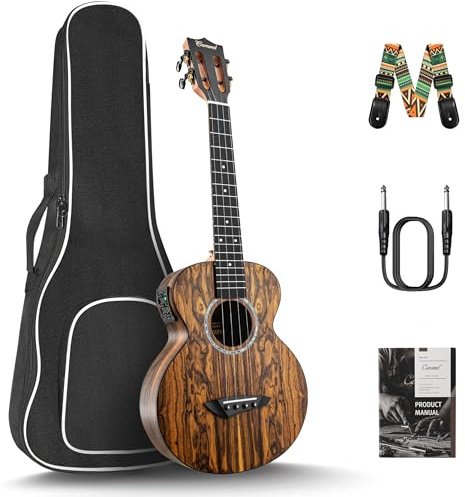 Caramel 26 inch CT905 All Butterfly Bocote Wood Tenor Electric Ukulele Professional Ukelele Kit Beginner Guitar Starter Bundle Strings, Padded Gig Bag, Strap