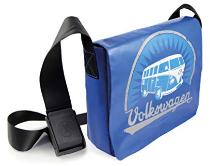 BRISA VW Collection - Volkswagen Vintage-Outdoor-Schulter-Umhänge-Tasche aus Tarpaulin im T1 Bus Design (Groß/Vintage/Blau)