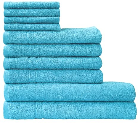 Dyckhoff Kristall Handtuch Set 10-teilig, Baumwolle, Oeko-Tex, türkis | 3 Größen: 50x100cm, 70x140cm, 30x30cm, reine Baumwolle, frische Farben, ideal fürs moderne Bad