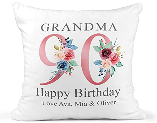 90th Birthday Gift for Women, Personalised Cushion/Pillow with Kids Names and Floral Design, Birthday Gift for Mum, Birthday Gift For Nanny/Grandma, 1931
