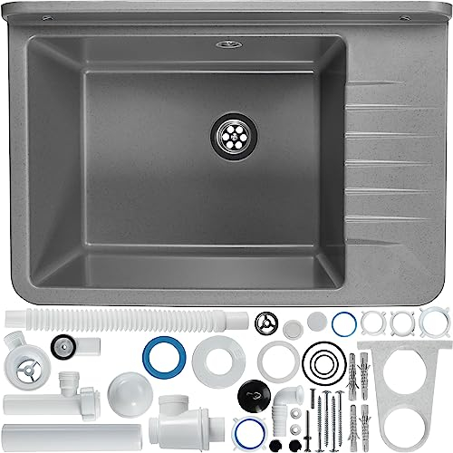 GOSPO Ausgussbecken aus Polypropylen, 50,5 x 34 x 26,5 cm, Haushaltsspülbecken, Spülbecken mit professionellem Siphon und Montageset, Waschbecken (Grau)