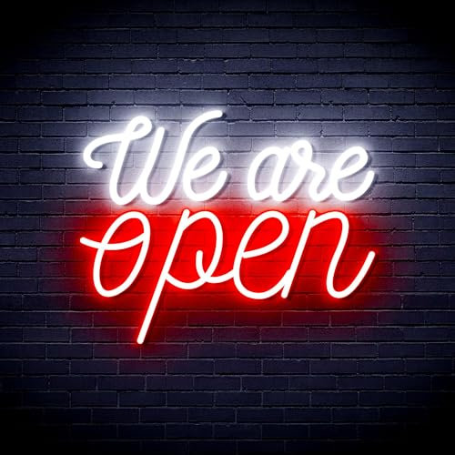 LED-Neonschild mit Aufschrift We 're Open Flex, Silikon, Weiß und Rot, st16s33-fnu0424-wr