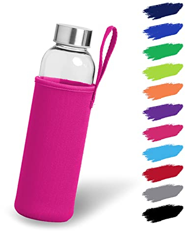 NOMA - Borraccia in vetro con custodia in neoprene da 0,5 l, 500 ml, 600 ml, 1000 ml, con coperchio protettivo e coperchio in acciaio inox, per sport, ufficio, scuola e attività all'aperto