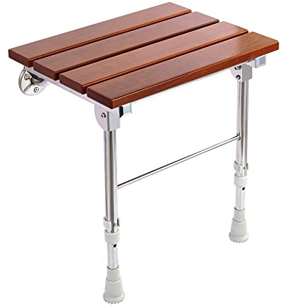Folding Shower Seat Wall Mounted with Legs, Foldable Shower Chair for Inside Shower, Fold Down Shower Bench for Seniors (Wood, Height Adjustable)