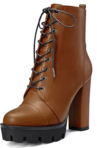 Castamere Mujer Alto High Heel Plataforma Chunky Ancho Redonda Punta Botines Cordones Cremallera Botas Marrón 37 EU