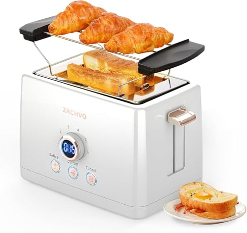 Toaster 2 Slice - ZACHVO Bread with Countdown Timer, 6 Browning Setting, Warming Rack Removable Crumb Tray, High Lift, Reheat, Defrost, for Busy Mornings Family Breakfasts