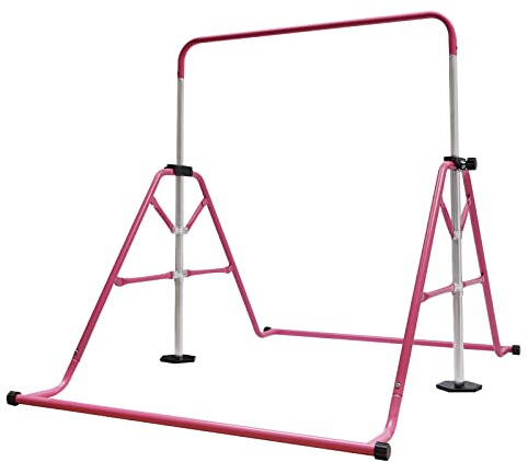 RibasuBB Gymnastikräcke, höjdjusterbar, gymnastikstänger som kan belastas upp till 220 pund, träningsutrustning, horisonell, träningsstång för inomhusbruk, motionsträning (rosa)