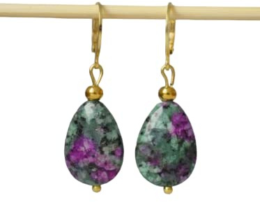 Ohrringe Rubin Zoisit, Edelstein Creolen, Rubin Fuchsit, Gold, Grün, Pink, Edelstahl, Ohrringe Tropfenform, Rubin in Zoisit Schmuck Damen