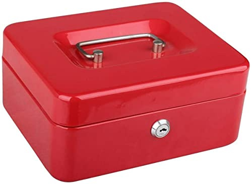 LIZZIE JACOBS Metal Petty Cash Box 2 Keys Removable Change Tray 6 or 8 Safe Deposit Tin Money Security Organiser ( Inches), Steel, Red, 10 Inches