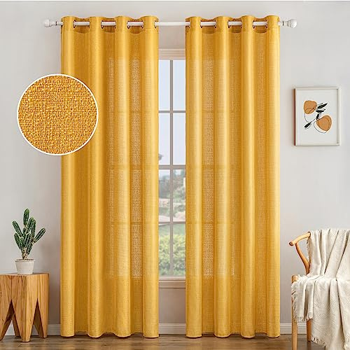 MIULEE Leinenoptik Voile Vorhänge Ösen 2er Gold 140x225cm | Leinenoptik-Voile Vorhänge mit Ösen, lichtdurchlässig & unregelmäßige Textur, dekorativ für Wohn- und Schlafzimmer
