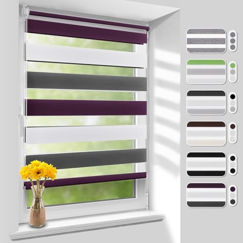 Homland Doppelrollo Klemmfix ohne Bohren B80 x H140 cm(Stoffbreite 75cm) Weiß-grau-lila, Duo Rollo, Rollo Klemmrollos lichtdurchlässig & verdunkelnd, Verstellbar Fensterrollo Sonnenschutz