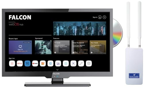 Falcon 19 Inch WebOS Combo Smart TV with 150Mbit mobile Router, Mirrorcast,Apple Play, DVD Player, 12/24V Camping TV, Triple Tuner, Freesat, Freeview, Bluetooth, Voice Control, Pitch Perfect Sound