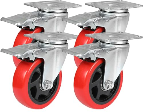 Taylor & Brown 4 x Heavy Duty Swivel Castor Wheels with 2 Brakes - 100mm up to 700KG - 360° Transport Caster for Furniture - Rubbered Trolley Wheels – 4” Red Castors