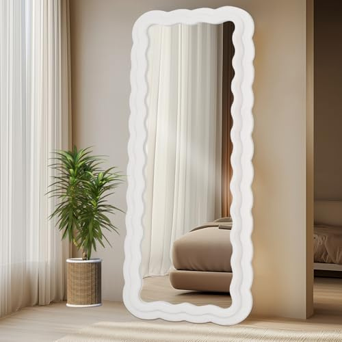 Melodieux Gewellter Spiegel 160x60cm Groß Standspiegel Ganzkörperspiegel Wandspiegel mit Cremefarben Flanell umwickelter holzrahmen Hängend oder kippend Ganzkörper Spiegel