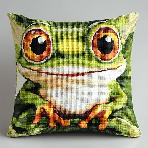 AxiangziK Tier Stickset,Kissenbezug,Kreuzstich Kissen,süßer Frosch,Stickkissen mit Muster Stickset Kreuzstich Kissen zum Basteln Stickkissen Stickpackung,18x18in
