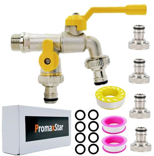 Brass Double Water Tap,1/2 inch Double Outlet Garden Tap Antifreeze Double Output Faucets with 4 Hose Connectors for Outdoor Garden Washing Machine Rain Barrel Household Industry (Yellow)