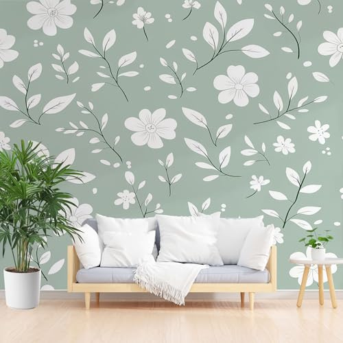 Gaqinhh Fleurs Bohèmes Blanches Papier Peint Panoramique, Fleurs Rétro Papier Peint Intissé, Feuilles de Vigne Tapisserie Murale Cuisine Salle de Bain, Décoration Murale Chambre, 150 x 105 cm
