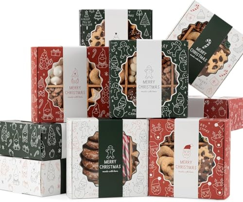 LATERN 12 Stück Weihnachts Plätzchenboxen, 15CM x 15CM Karton Cupcake Süßigkeiten Schachtel Weihnachtsmann Elfe Schneemann Elch Weihnachts Geschenkbox mit Ärmelband und Fenster für Weihnachtsparty