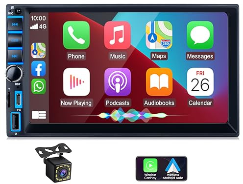 iFreGo 2 Din Autoradio mit Wireless Carplay & Android Auto, Autoradio Bluetooth mit Bildschirm Touchscreen, AM/FM Radio,7 LED Farben,Mirror Link,Radio mit Rückfahrkamera,RDS,USB