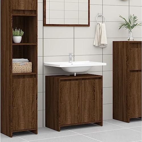 Meuble de salle de bain moderne à 2 portes sur pied pour lavabo sans piédestal, 60 x 33 x 61 cm, gris + rustique