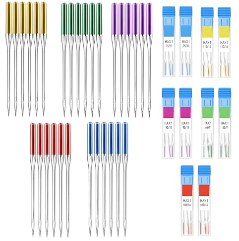 30 Pcs Universal Sewing Machine Needles, Denim Sewing Machine Needles, Sewings Machines Accessories, with 5 Color Size Markings (65/9 75/11 90/14 100/16 110/18) Suitable for Home Sewings Projects