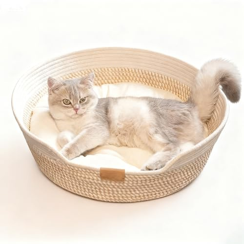Rattan Katzenhütte Katzenbett mit Kissen, Rund Haustierbett,Handgefertigter Rattankorb und issen,50x50x21cm Katzenkorb,Braun&Weiss