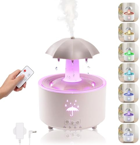Umbrella Rain Humidifier, Essential Oil Diffuer for Bedroom, 7-Color Rotating Umbrella Rain Drop Aromatherapy Diffuser, 300ML Large Mist Humidifier Diffusers with Remote & Timer (White)