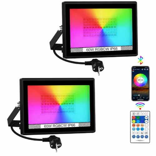 T-SUNUS 60W Foco LED Exterior RGB, Proyector LED RGB con Control por App Bluetooth y Mando a Distancia, Memoria Temporización Multicolor, Luces Colores para Terraza Fiesta Halloween 2 Piezas