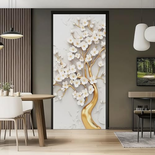 Adesivi per Porte 3D per porte Autoadesivo Piante Stile Arte Moderna Bianco Fiori Alberi fotomurali Poster murale Rimovibile Soggiorno Cucina Camera da letto, 95 x 215 cm