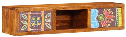 Mangloder flerfärgad TV-bräda av massivt trä akacia 100 x 30 x 22 cm, 2 lådor, hängande, utrymmesbesparande, förvaringsutrymme för vardagsrum, hemmabio, spel, TV-skåp, skänk