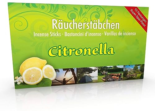 LUXflair 10 Packungen Citronella Räucherstäbchen, Glimmdauer ca. 60h (gesamt). XL Vorrat als Alternative zur Citronella Kerze für draußen/im Garten