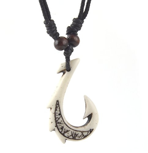 HZMAN Hawaiian White Fish Hook Anhänger Hanf Schnur Kette - Maori Tribal Halskette Schmuck Geschenk