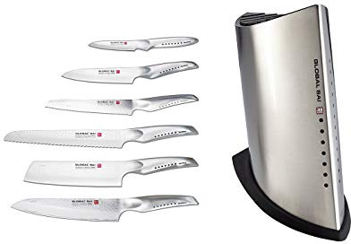 Global SAI SAI-7001 Bloc à couteaux 7 pièces – Acier inoxydable japonais léger, bord tranchant, lame martelée à la main, repose-pouce, fabriqué au Japon