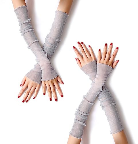 MUYDZ 2 Pair Women's Long Arm Sleeves with Lace Mesh Tulle, Cooling and Warming Dual Purpose Sun Sleeves for Women, Girls