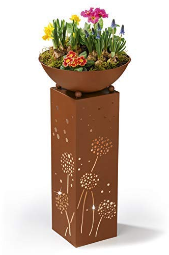 Hoberg LED Pflanzsäule Pusteblumen-Design in Rost-Optik | Abnehmbare Pflanzschale (Ø 34cm) | Integrierte Beleuchtung, 6h Timer, kabellos, witterungsbeständig | Für In- & Outdoor [19 x 19 x 72 cm]