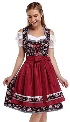 KOJOOIN Femme Robe Dirndl de Bavière Oktoberfest Set - Blouse et Tablier 3 Pièces Bluse Manches Courtes Bavarois Vêtements Fleurs03 M